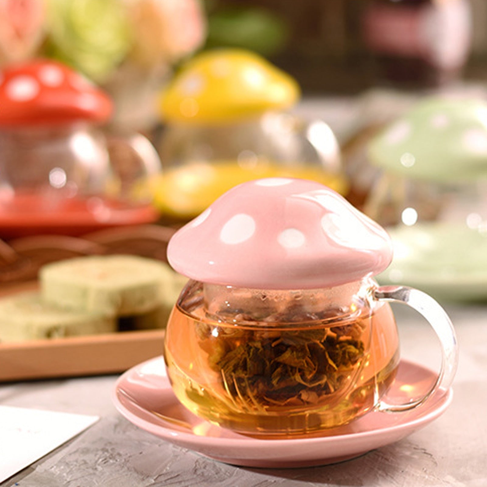 Glass Mushroom Tea Cups Set with Infuser - Tea Presser 10 OZ